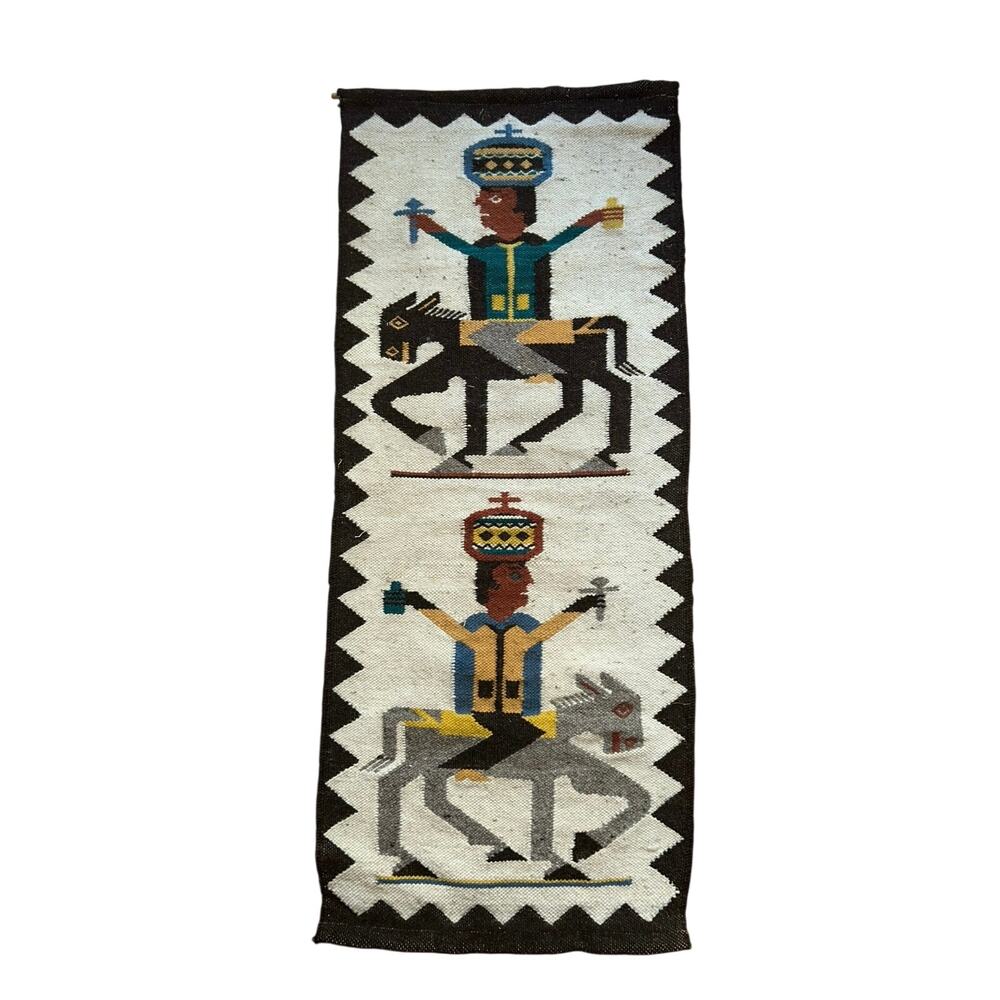 Vintage Ecuador Wool Rug Tapestry Inca Wall Hanging Folk Art Home Decor